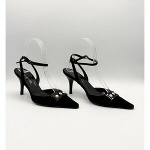 Chanel Black Suede Pointed Toe Heels Pearl CC Embellished Strappy Mule EU 35.5